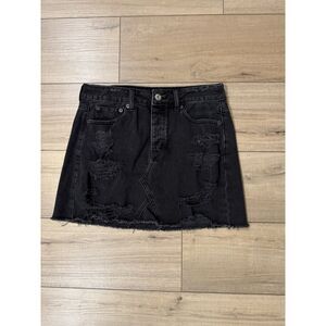 American Eagle Womens Size 4 Black Button Fly Jean Skirt Distressed Denim Black